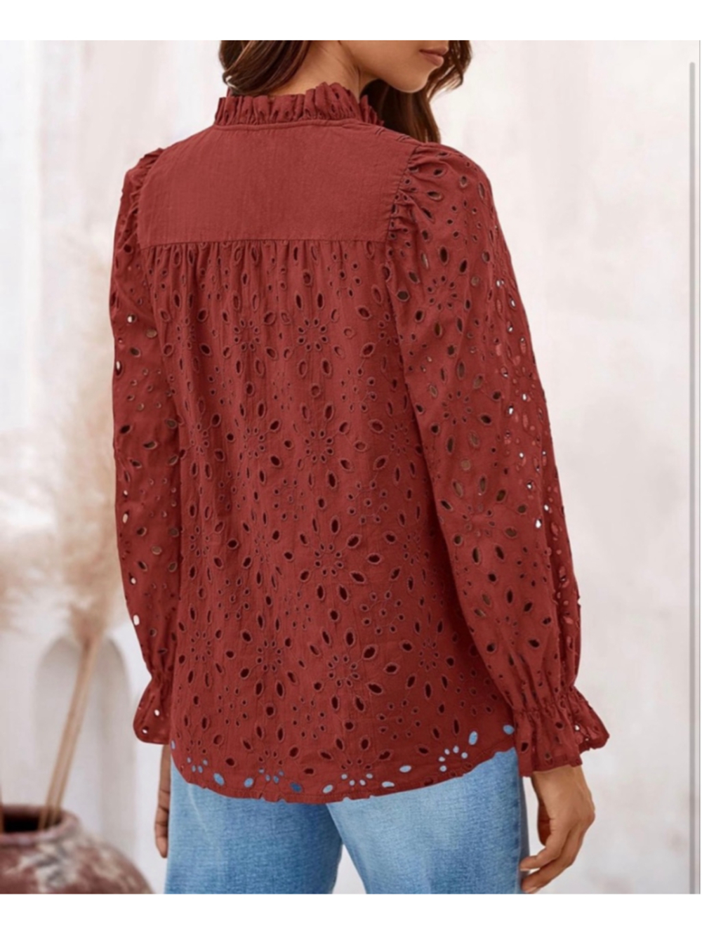 NEW Long Sleeve Button V Neck Hollow Out Lace Embroidered Shirt S - Picture 2 of 8